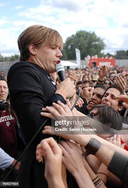 Pelle Almqvist of The Hives performs on the main stage during the Get Loaded In The Park festival on Clapham Common on August 24, 2008 in London,...