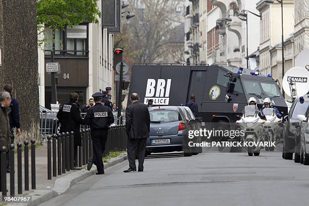 French special police force truck arrives in the security perimeter around La Santé prison in Paris set following an hostage situation on April 07,...