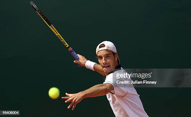 Richard Gasquet of France in action against Daniel Gimeno-Traver of Spain during day one of the ATP Masters Series at the Monte Carlo Country Club on...