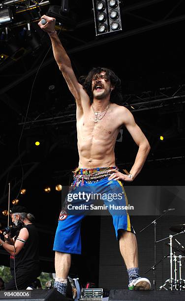 Eugene Hutz of Gogol Bordello performs on the main stage during the Get Loaded In The Park festival on Clapham Common on August 24, 2008 in London,...