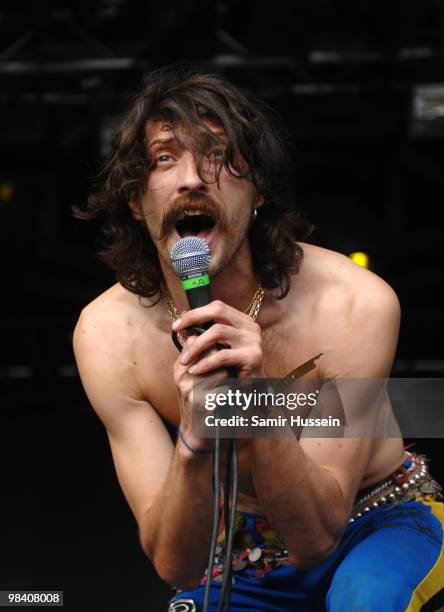 Eugene Hutz of Gogol Bordello performs on the main stage during the Get Loaded In The Park festival on Clapham Common on August 24, 2008 in London,...