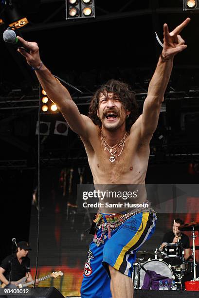 Eugene Hutz of Gogol Bordello performs on the main stage during the Get Loaded In The Park festival on Clapham Common on August 24, 2008 in London,...