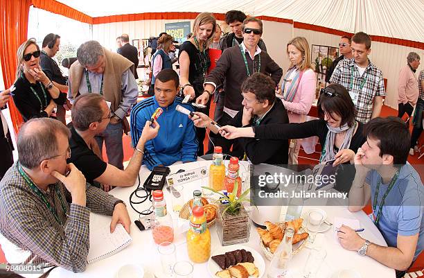 Jo Wilfried Tsonga of France talks to the media during day one of the ATP Masters Series at the Monte Carlo Country Club on April 12, 2010 in Monte...