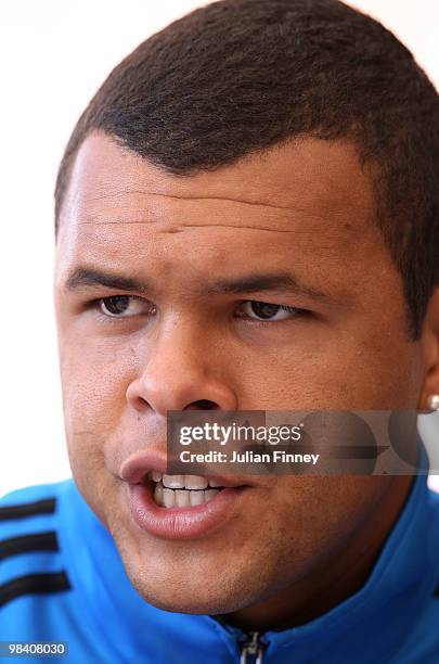 Jo Wilfried Tsonga of France talks to the media during day one of the ATP Masters Series at the Monte Carlo Country Club on April 12, 2010 in Monte...