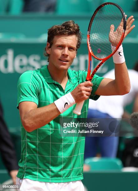 Tomas Berdych of Czech Republic celebrates defeating Feliciano Lopez of Spain during day one of the ATP Masters Series at the Monte Carlo Country...