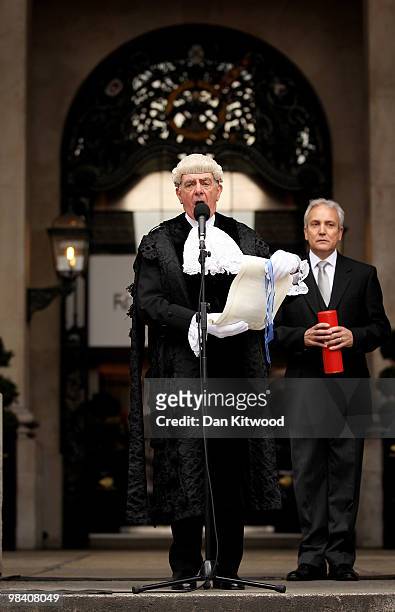 The proclamation for the dissolution of the present Parliament is read out by Colonel Geoffrey Godbold, on the steps of The Royal Exchange on April...