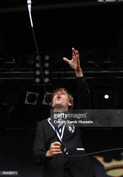 Pelle Almqvist of The Hives performs on the main stage during the Get Loaded In The Park festival on Clapham Common on August 24, 2008 in London,...