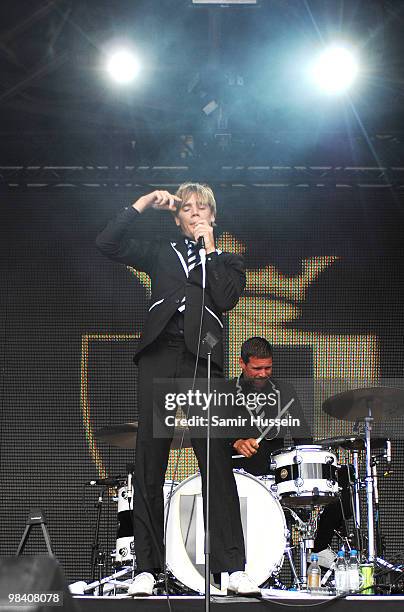 Pelle Almqvist of The Hives performs on the main stage during the Get Loaded In The Park festival on Clapham Common on August 24, 2008 in London,...