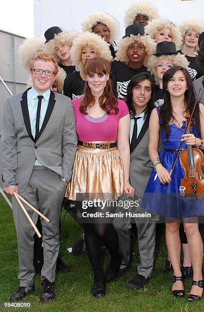 Kate Nash and her band pose backstage during the Get Loaded In The Park festival on Clapham Common on August 24, 2008 in London, England.