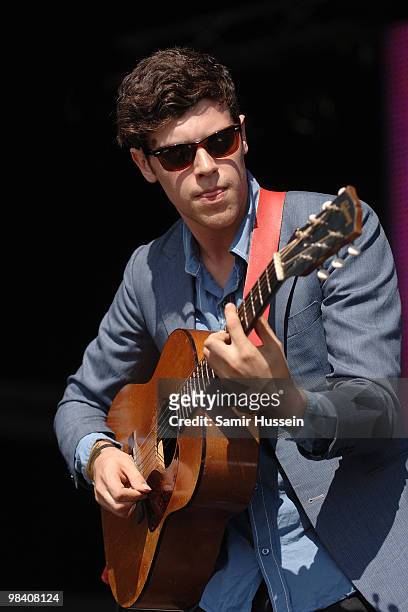 Charlie Fink of Noah and the Whale performs on the main stage during the Get Loaded In The Park festival on Clapham Common on August 24, 2008 in...