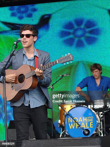 Charlie Fink of Noah and the Whale performs on the main stage during the Get Loaded In The Park festival on Clapham Common on August 24, 2008 in...
