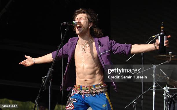 Eugene Hutz of Gogol Bordello performs on the main stage during the Get Loaded In The Park festival on Clapham Common on August 24, 2008 in London,...