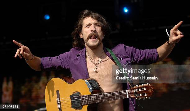 Eugene Hutz of Gogol Bordello performs on the main stage during the Get Loaded In The Park festival on Clapham Common on August 24, 2008 in London,...