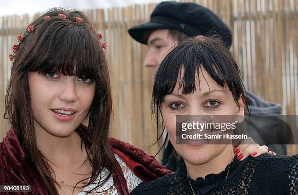 Daisy Lowe and mother Pearl Lowe pose backstage during the Get Loaded In The Park festival on Clapham Common on August 24, 2008 in London, England.