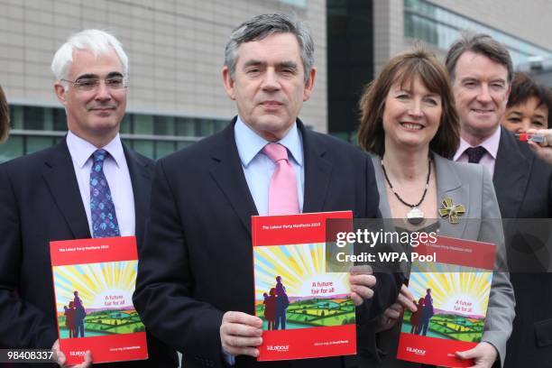 Prime Minister Gordon Brown stands with his chancellor Alistair Darling and Labour party Deputy Leader Harriet Harman as he launches the Labour Party...