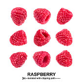 Raspberry collection. Raspberries isolated on white background with clipping path. Seamless Pattern