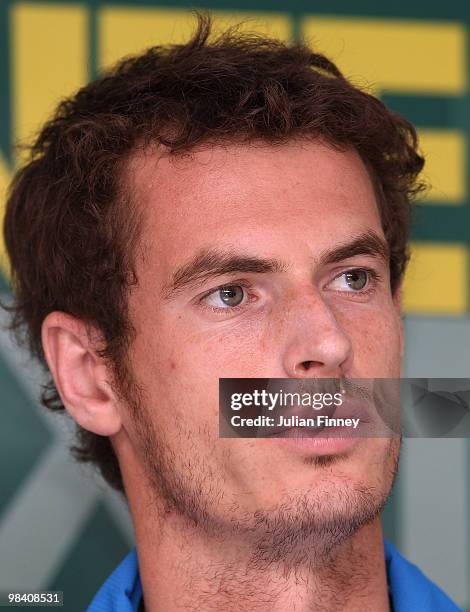 Andy Murray of Great Britain talks to the media during day one of the ATP Masters Series at the Monte Carlo Country Club on April 12, 2010 in Monte...