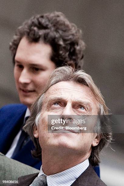 Luca Cordero di Montezemolo, chairman of Fiat SpA, right, pauses next to John Elkann, vice president of Fiat SpA, at the presentation of the new Alfa...