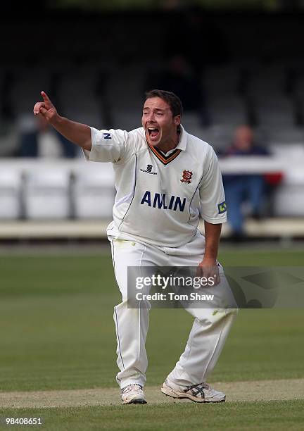 Graham Napier of Essex appeals unsuccessfully during the LV County Championship match between Essex and Hampshire at the County Ground on April 12,...