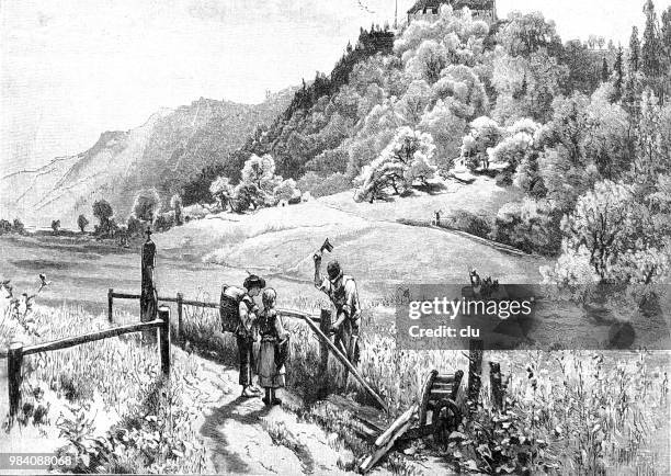 farmer repairs the fence on the pasture - tree service stock illustrations