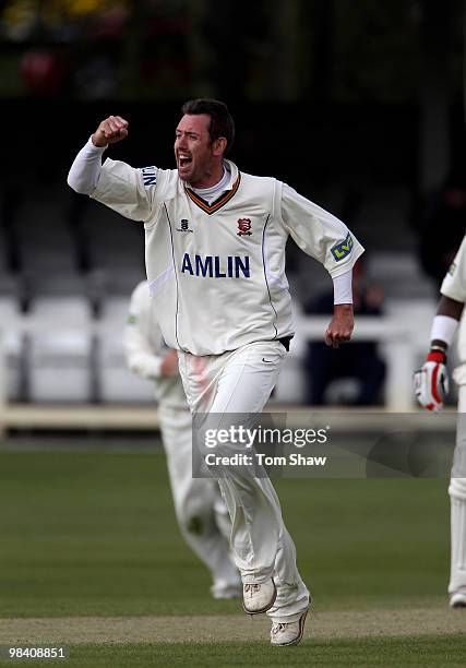 David Masters of Essex celebrates taking the wicket of Neil McKenzie of Hampshire during the LV County Championship match between Essex and Hampshire...