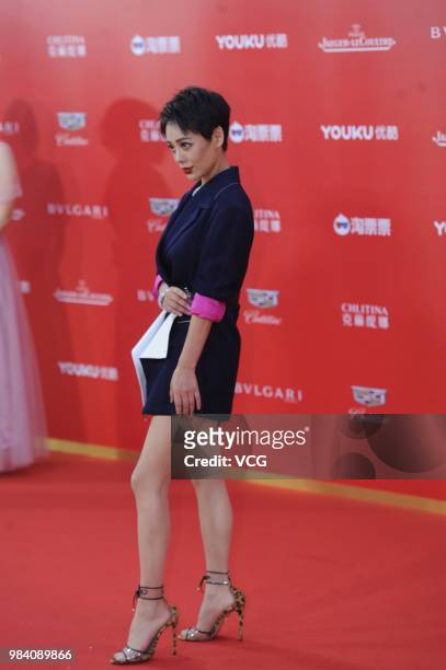 Actress Ning Jing poses on the red carpet of the Golden Goblet Awards Ceremony during the 21st Shanghai International Film Festival on June 24, 2018...