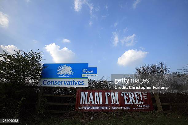 Campaign poster for the Conservative party stand in a field in Cheshire on April 12, 2010 in Knutsford, United Kingdom. The General Election, to be...