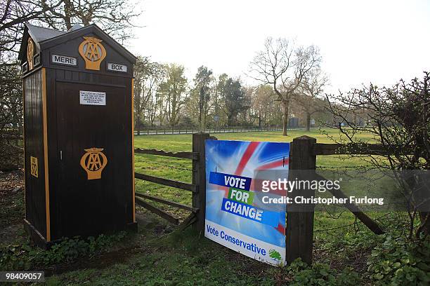 Campaign poster for the Conservative party stand in a field in Cheshire on April 12, 2010 in Knutsford, United Kingdom. The General Election, to be...