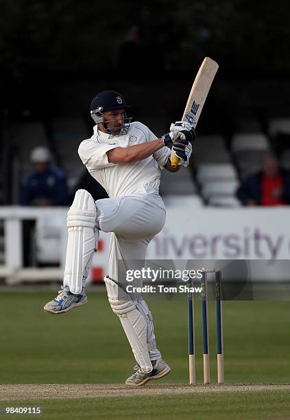 Nic Pothas of Hampshire hits out during the LV County Championship match between Essex and Hampshire at the County Ground on April 12, 2010 in...