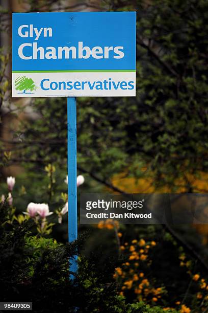 Campaign posters for the Conservative parties candidate for Vauxhall, Glyn Chambers stand in gardens on April 12, 2010 in London, United Kingdom. The...