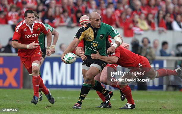 Soane Tonga'huia of Northampton charges forward during the Heineken Cup quarter final match between Munster and Northampton Saints at Thomond Park on...