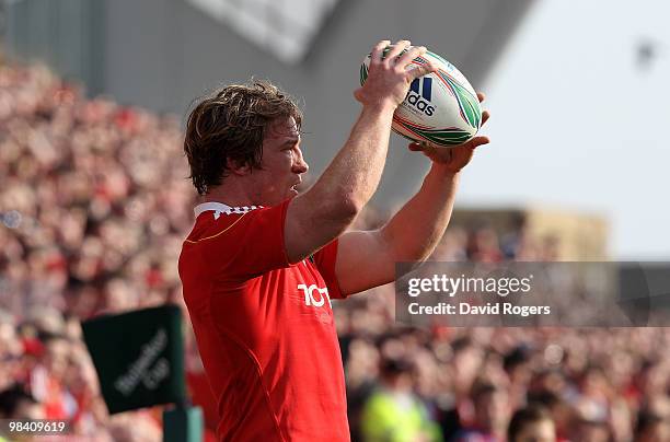 Jerry Flannery of Munster throws the ball during the Heineken Cup quarter final match between Munster and Northampton Saints at Thomond Park on April...