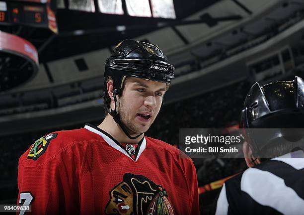 Brent Seabrook of the Chicago Blackhawks talks with a referee during a game against the St. Louis Blues on April 07, 2010 at the United Center in...