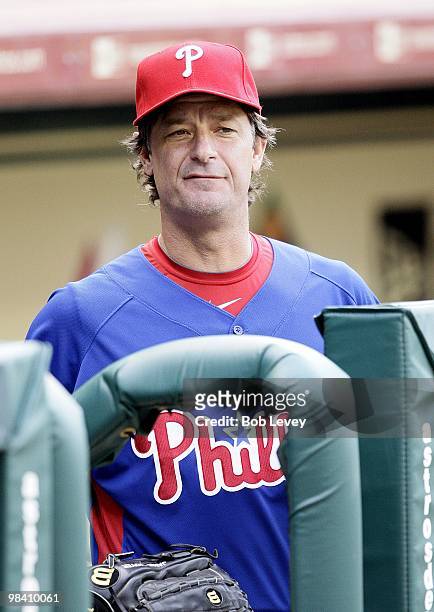 Pitcher Jamie Moyer of the Philadelphia Phillies looks on from the dugout during batting practice at Minute Maid Park on April 9, 2010 in Houston,...