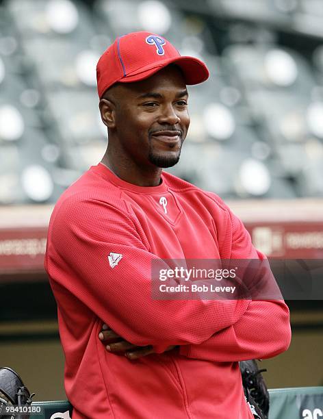 Shortstop Jimmy Rollins of the Philadelphia Phillies looks on during pre-game warmups at Minute Maid Park on April 9, 2010 in Houston, Texas.