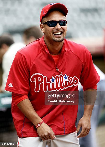 Shane Victorino of the Philadelphia Phillies during batting practice before playing the Houston Astros at Minute Maid Park on April 9, 2010 in...