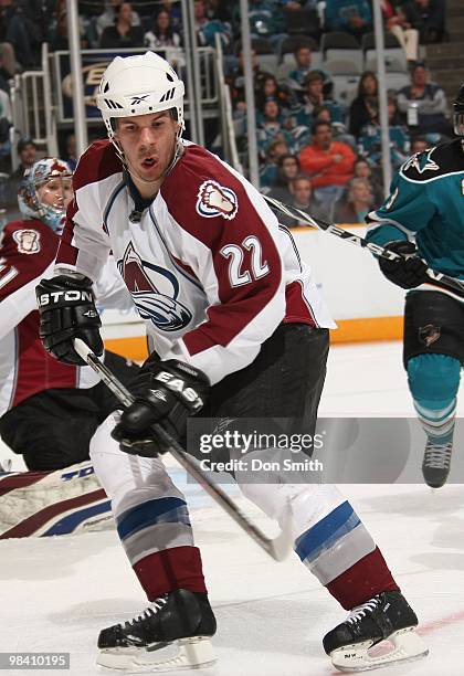 Scott Hannan of the Colorado Avalanche watches the puck against the San Jose Sharks during an NHL game on March 28, 2010 at HP Pavilion at San Jose...