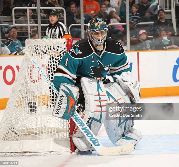 Thomas Greiss of the San Jose Sharks watches the puck against the Colorado Avalanche during an NHL game on March 28, 2010 at HP Pavilion at San Jose...