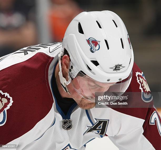 Milan Hejduk of the Colorado Avalanche looks down at the ice against the San Jose Sharks during an NHL game on March 28, 2010 at HP Pavilion at San...