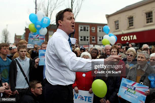 Conservative party leader David Cameron delivers a speech to supporters in Loughborough Market Place on April 12, 2010 in Loughborough, England. Mr...