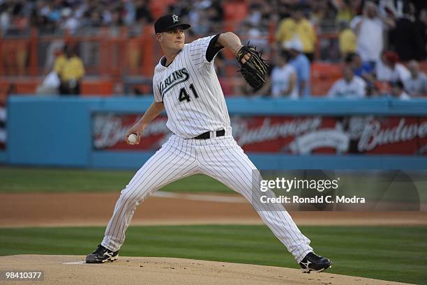 Pitcher Chris Volstad the Floirida Marlins pitches to the Los Angeles Dodgers during the Marlins home MLB opening game at Sun Life Stadium on April...