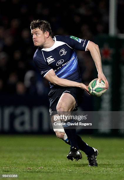 Brian O'Driscoll of Leinster runs with the ball during the Heinken Cup quarter final match between Leinster and Clermont Auvergne at the RDS on April...