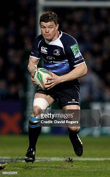Brian O'Driscoll of Leinster runs with the ball during the Heinken Cup quarter final match between Leinster and Clermont Auvergne at the RDS on April...