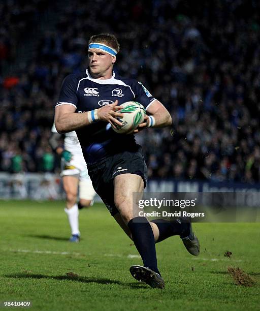 Jamie Heaslip of Leinster runs with the ball during the Heinken Cup quarter final match between Leinster and Clermont Auvergne at the RDS on April 9,...