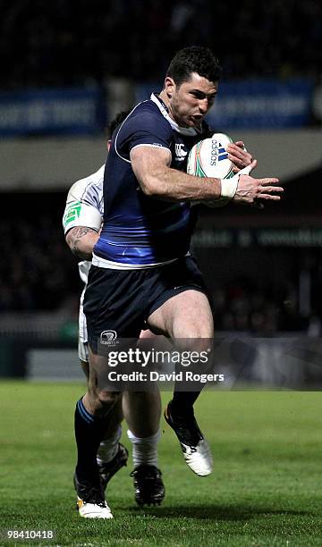Rob Kearney of Leinster runs with the ball during the Heinken Cup quarter final match between Leinster and Clermont Auvergne at the RDS on April 9,...