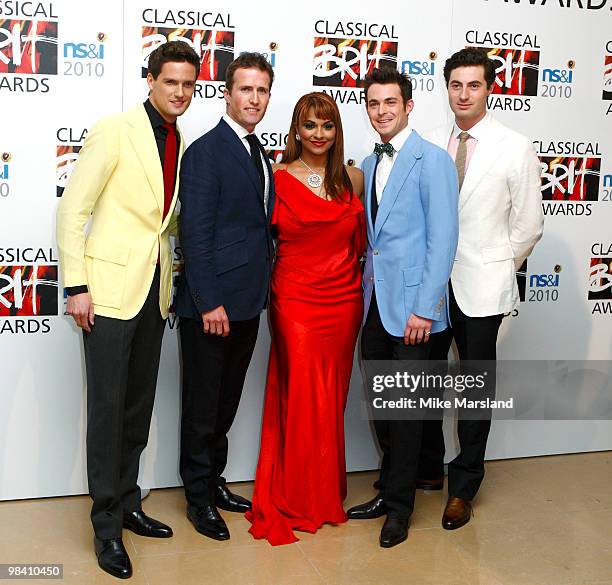 Ollie Baines, Stephen Bowman, Danielle De Niese, Jules Knight and Humphrey Berney attend the 2010 Classical Brit Awards nomination launch held at The...