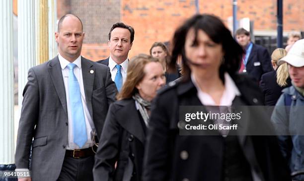 Conservative party leader David Cameron makes his way along the platform at Loughborough train station after delivering a speech in the town's Market...