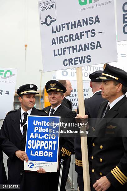 Airline pilots rally at Rhein-Main Airport in Frankfurt, Germany, on Monday, April. 12, 2010. The pilots are demonstrating over the question as to...