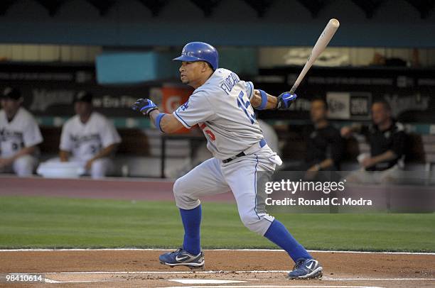 Rafael Furcal of the Los Angeles Dodgers bats against the Florida Marlins during the Marlins home opening game at Sun Life Stadium on April 9, 2010...