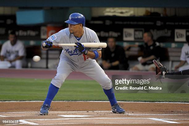 Rafael Furcal of the Los Angeles Dodgers bats against the Florida Marlins during the Marlins home opening game at Sun Life Stadium on April 9, 2010...